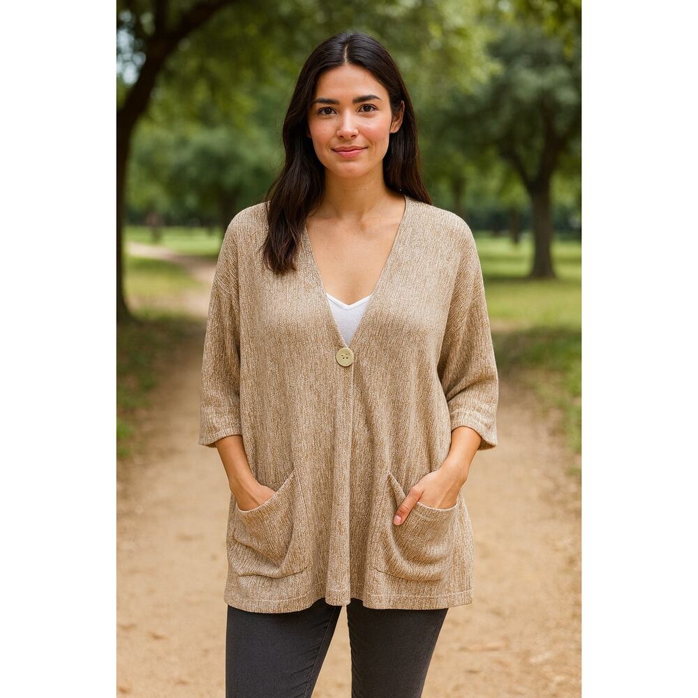 Pure Jill J. Jill Tan Linen Blend One Button Cardigan women's M Lagenlook earthy
